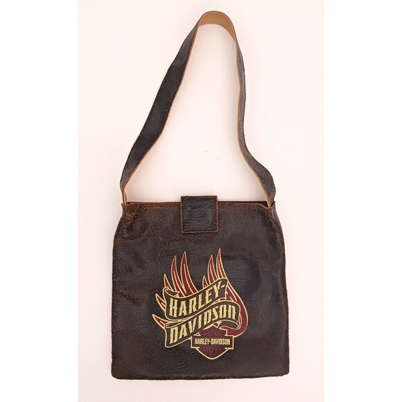 Harley Davidson Distressed Black Leather Shoulder Tote Flame Tatoo Logo - Picture 1 of 8